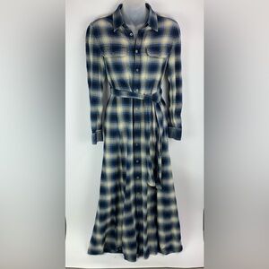 Polo Ralph Lauren Plaid Twill Shirt Dress Blue Plaid Belted Maxi Size 6